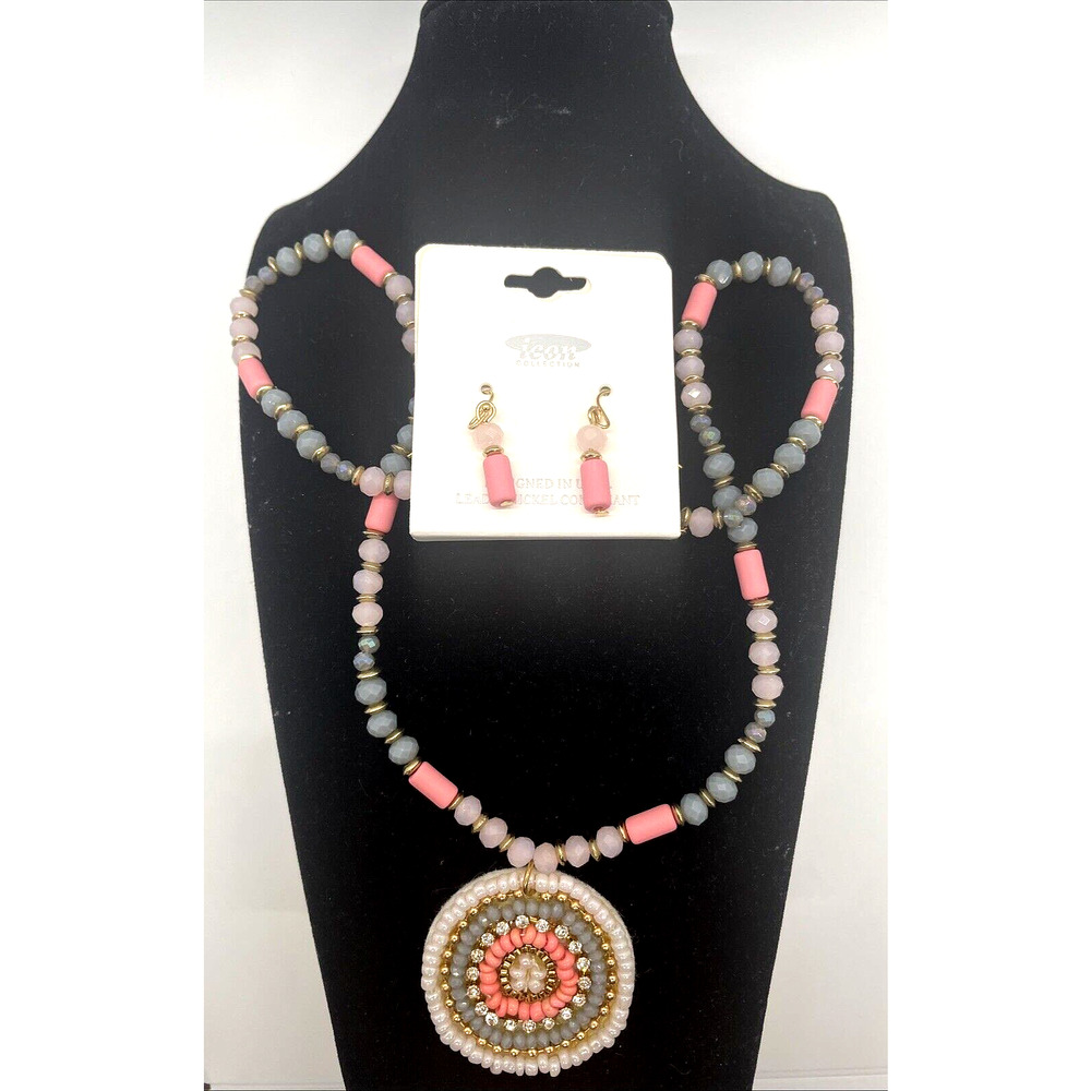 Necklace & Earring Set Pink & Gray Beads Icon Fashion Costume Jewelry